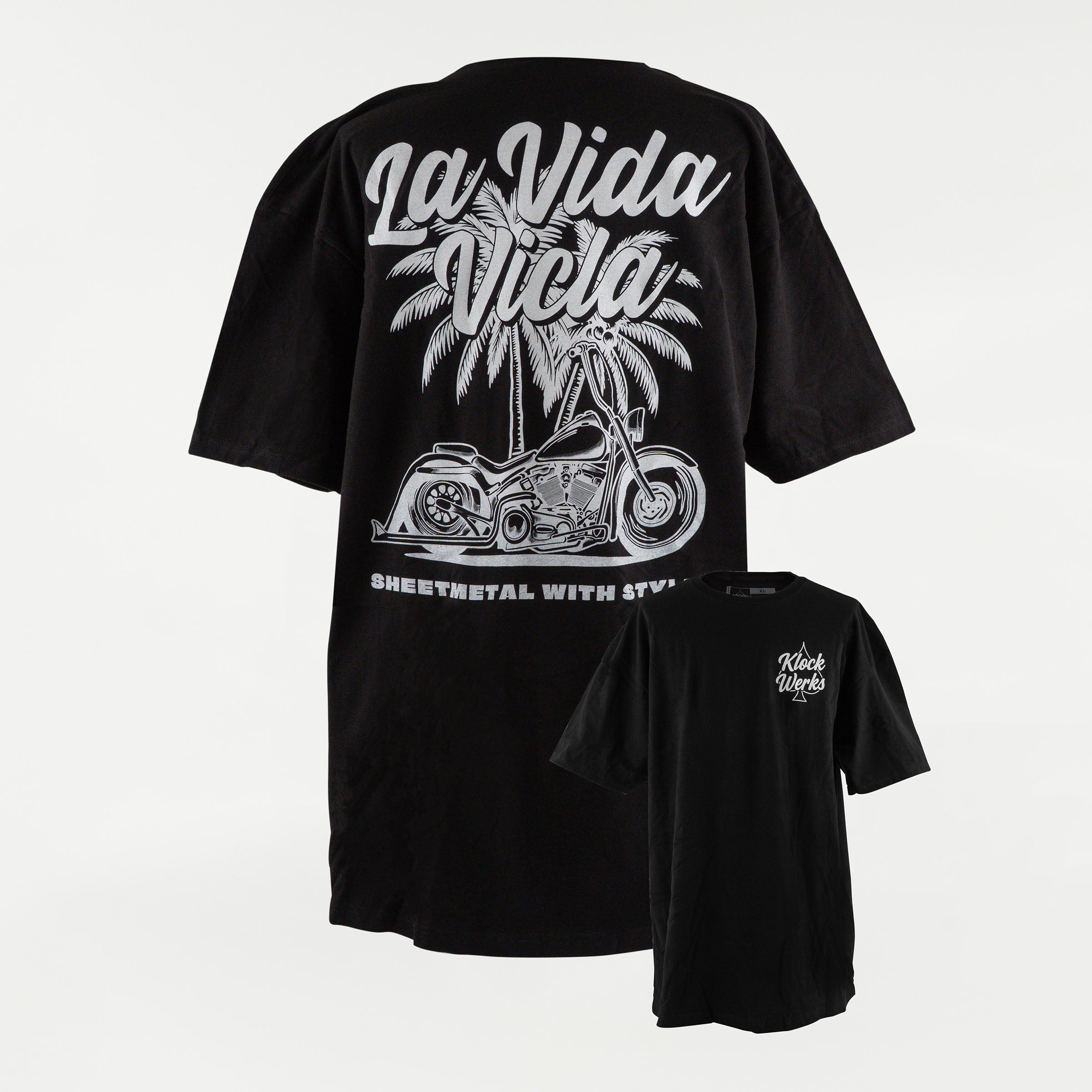 Black t-shirt with 'La Vida Vicla' graphic design featuring a motorcycle and palm tree on a white background.