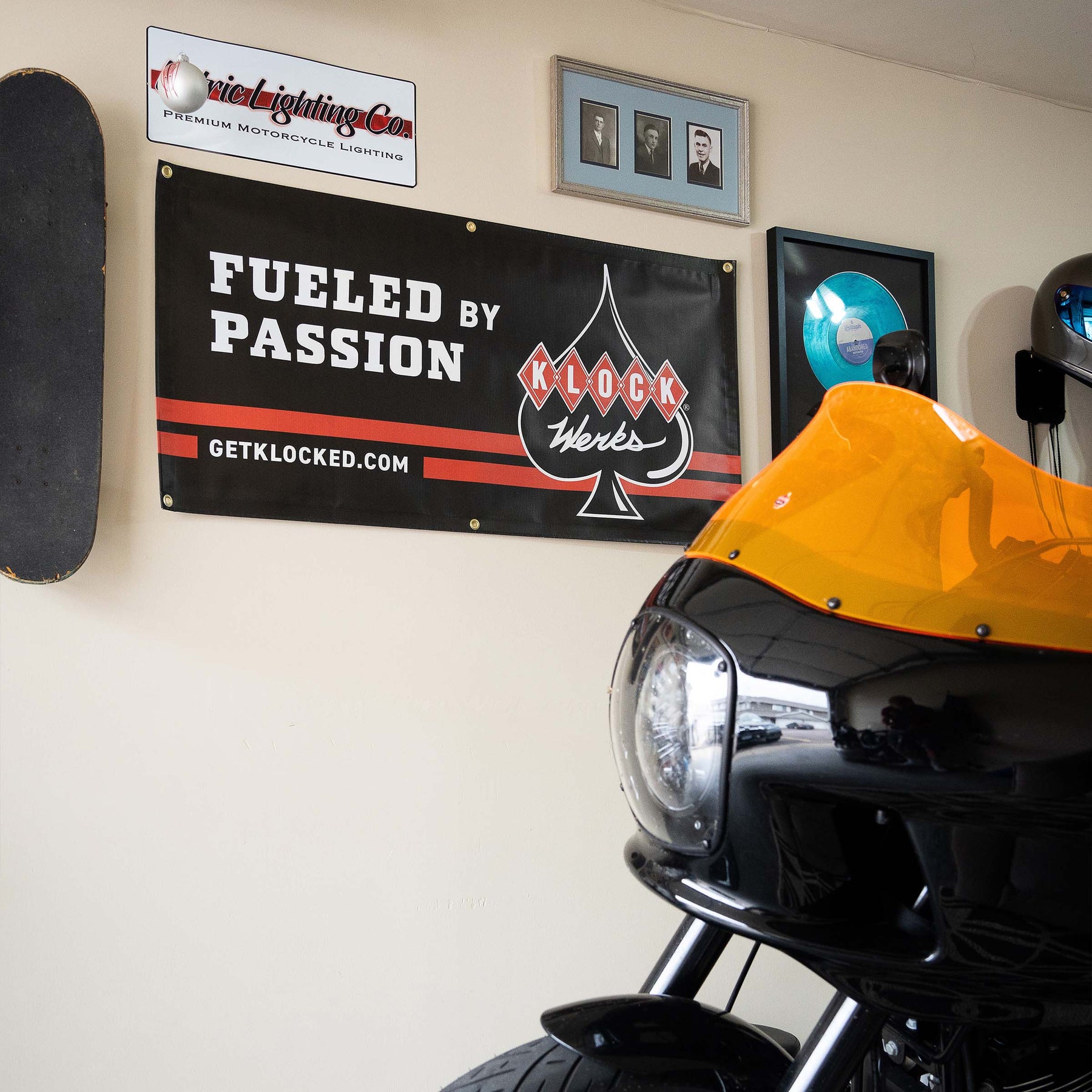 Fueled by Passion Klock Werks Shop or Garage Outdoor Banner shown in garage