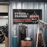 Fueled by Passion Klock Werks Shop or Garage Outdoor Banner shown in shop setting