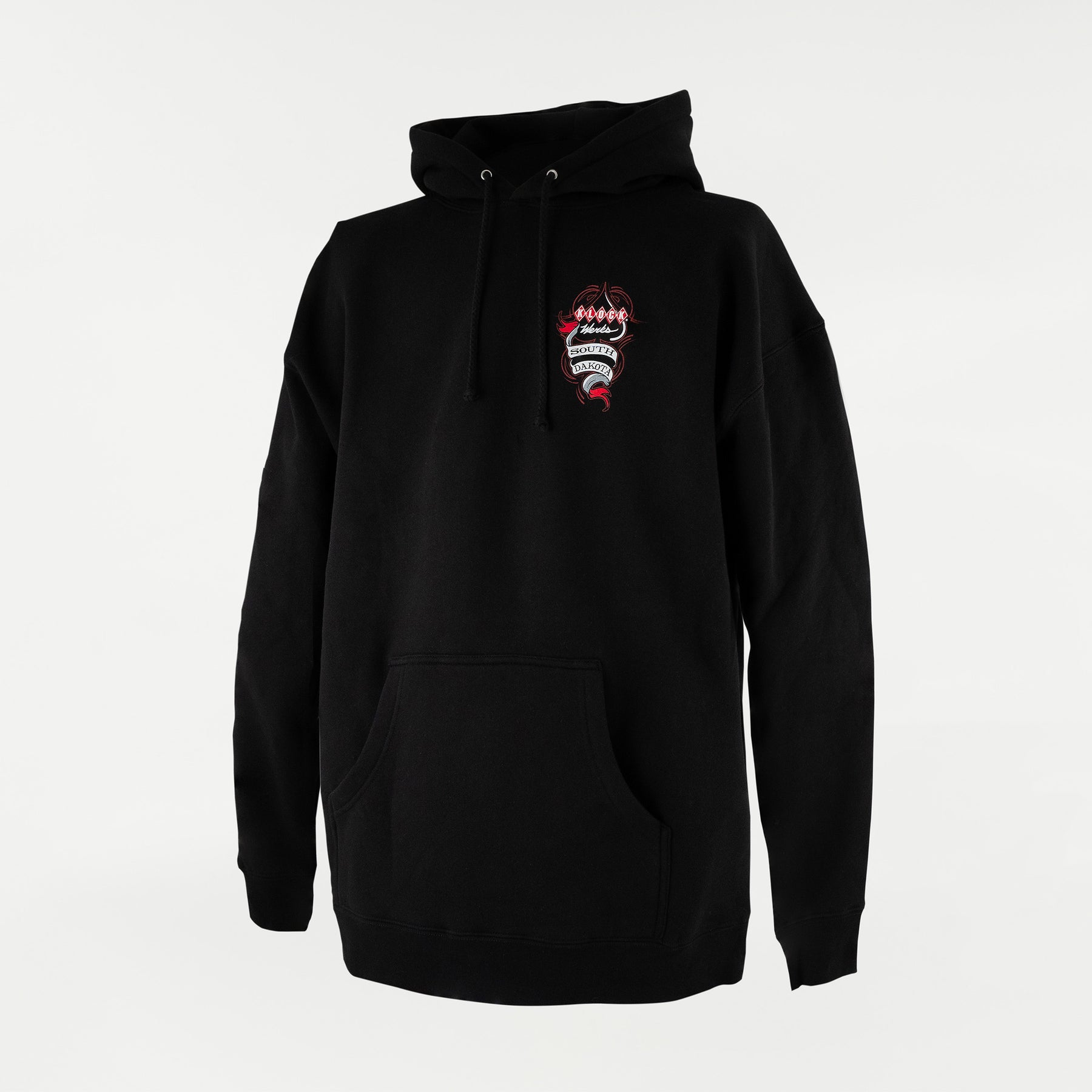 Black Pullover Hoodie with Spark Plug Design on Front Chest 