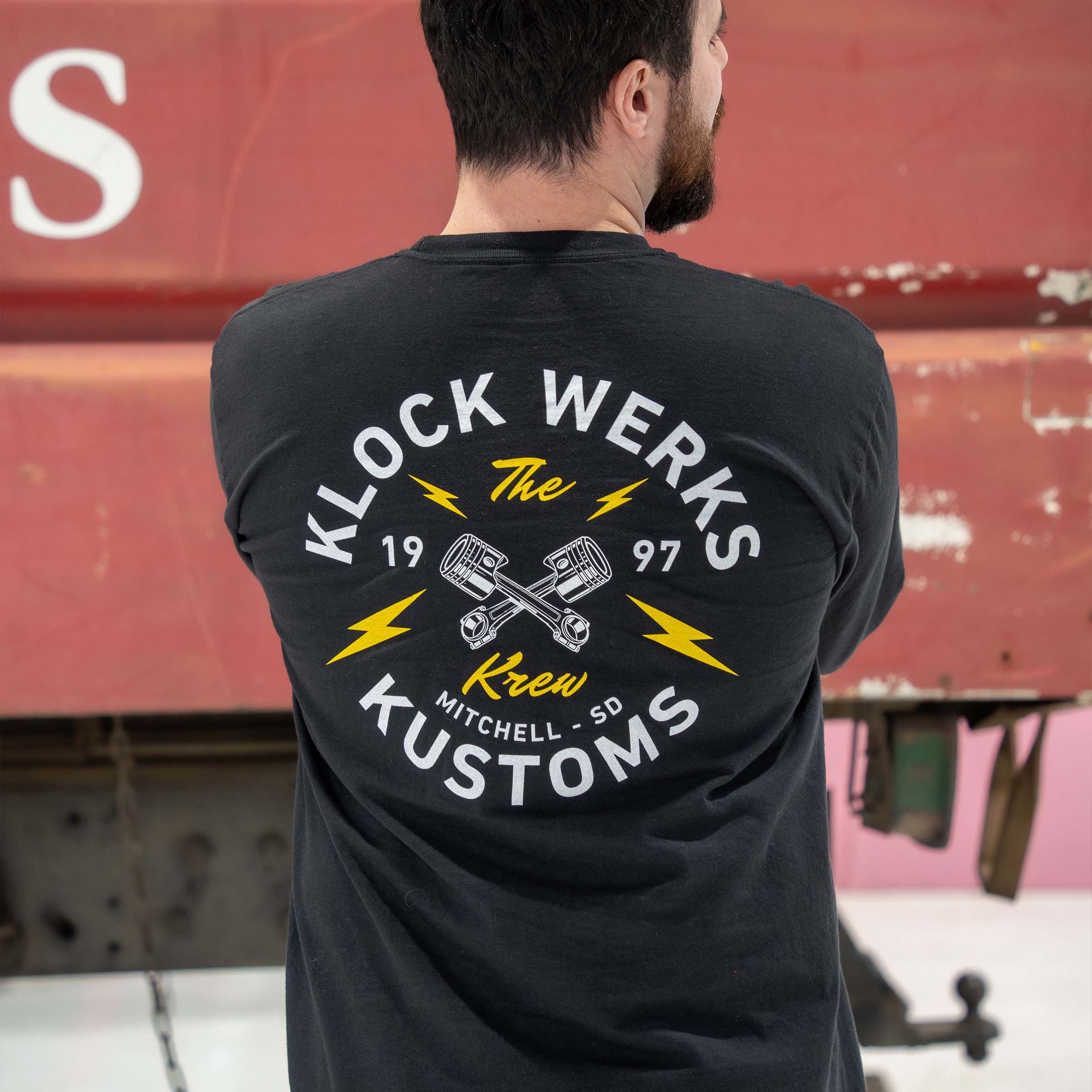 The Krew Long Sleeve Shirt Black Long Sleeve Shirt with The Klock Werks Krew Design (Model Wearing Size X-Large)