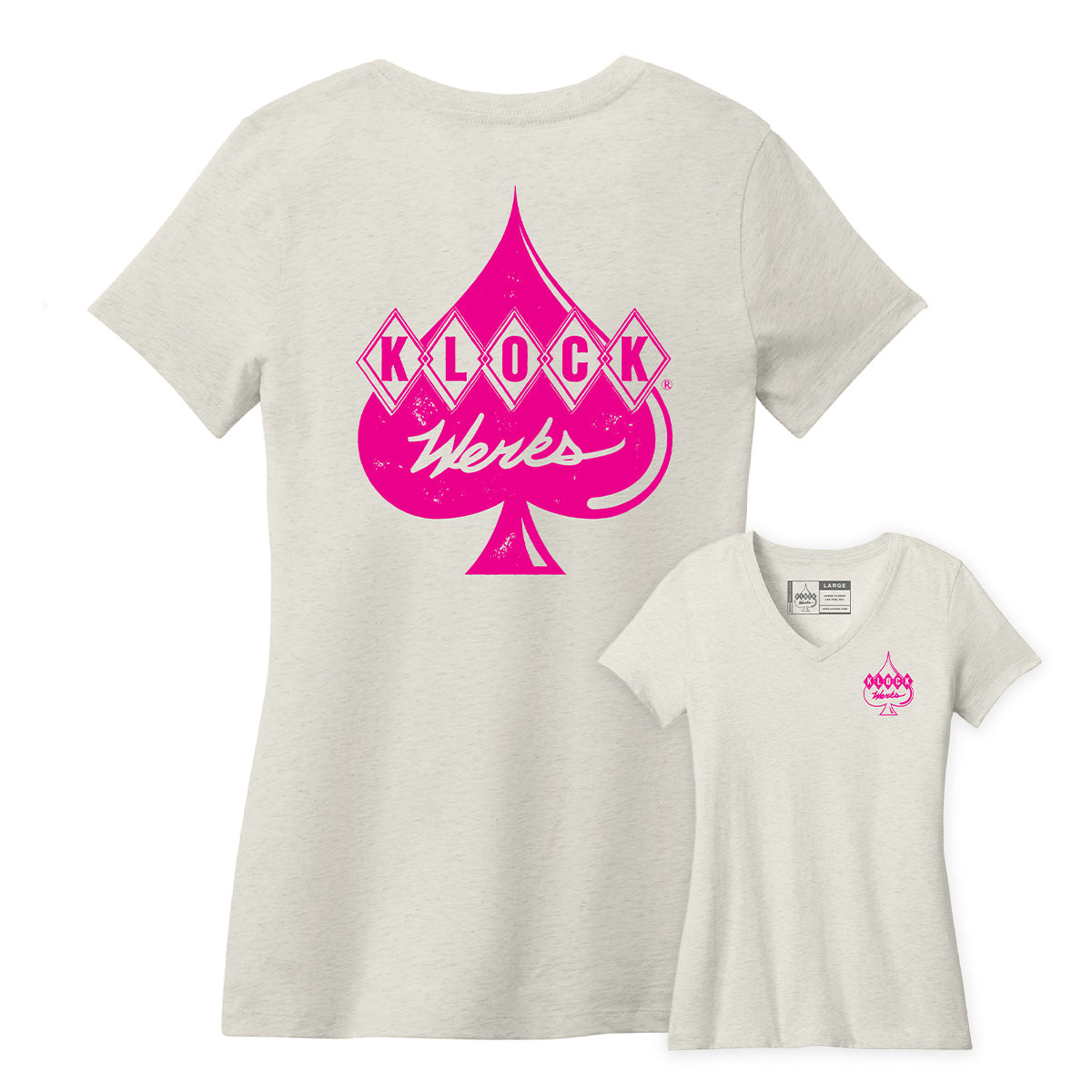 Women's Klassic Logo V-Neck Cream with Pink Ink (Pink Spade / Cream Shirt - Front and Back)