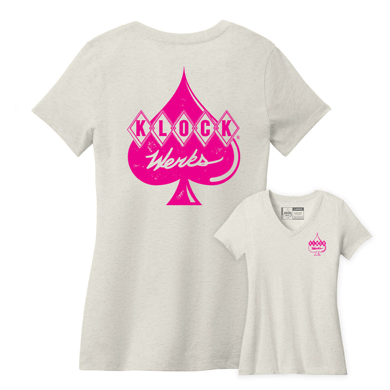 Women's Klassic Logo V-Neck Cream with Pink Ink (Pink Spade / Cream Shirt - Front and Back)