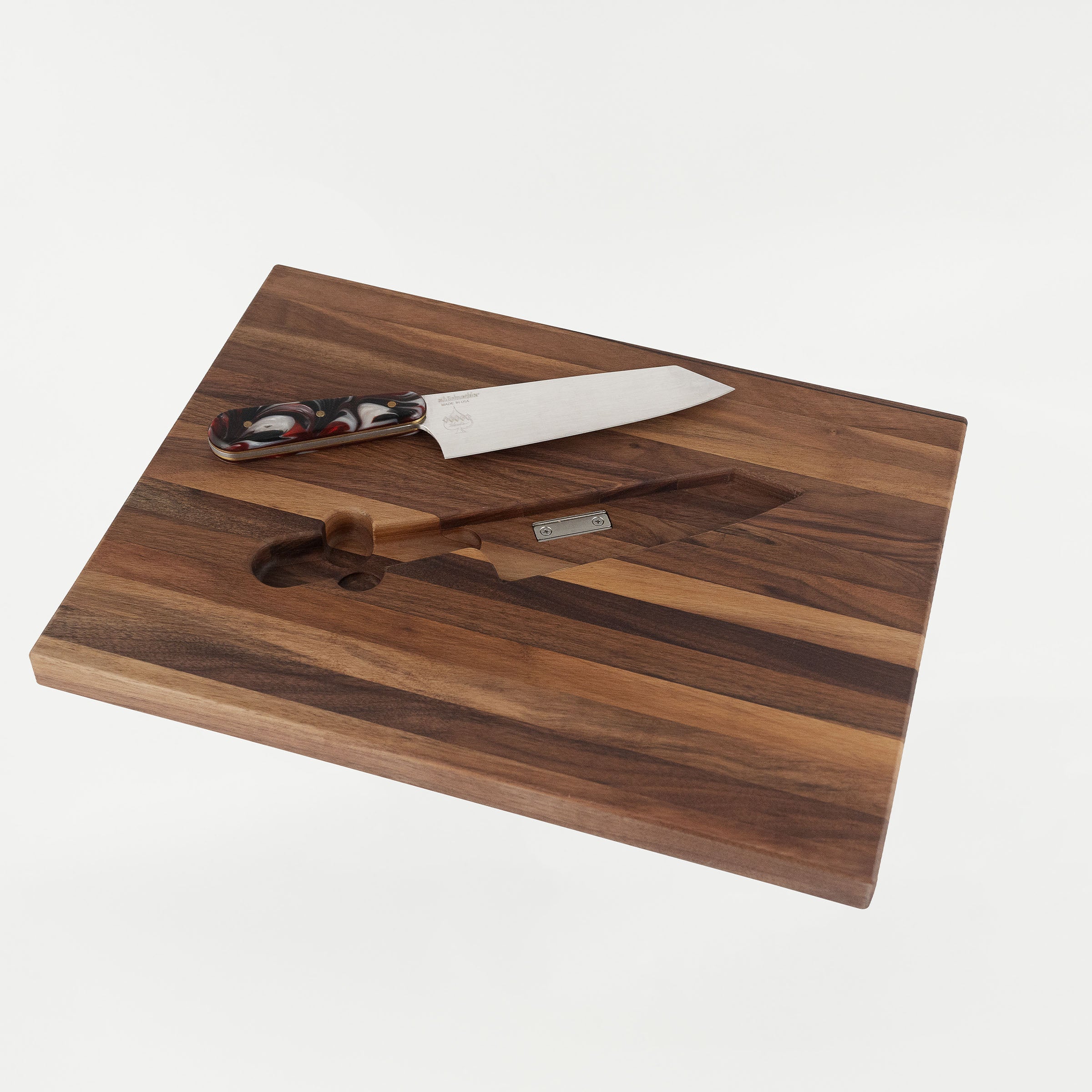 Klock Werks x White Knuckler Limited Edition Chef Set American walnut cutting board with recessed pocket and 44 lb magnet for secure storage.