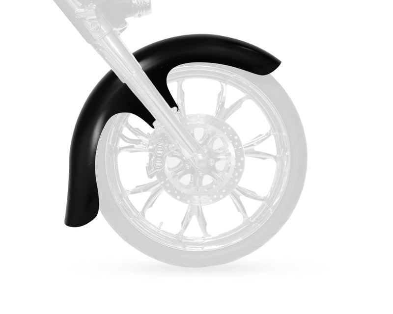 Steel Front fender for Harley-Davidson Motorcycle. A comp picture features the silhouette of the front fender against a white backdrop. The fender is black and is e-coated, ready for paint. 