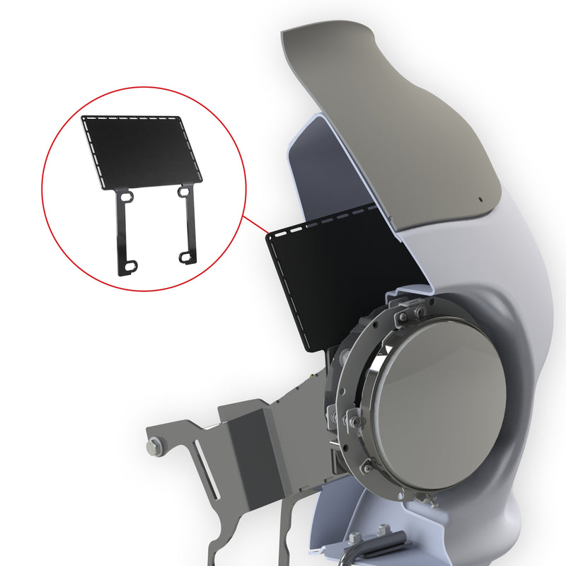 Diagram of the Universal Amp Bracket for FXR Style Fairings including FXRP, FXRT and FXRD(Tuck away items you want hidden within the fairing)
