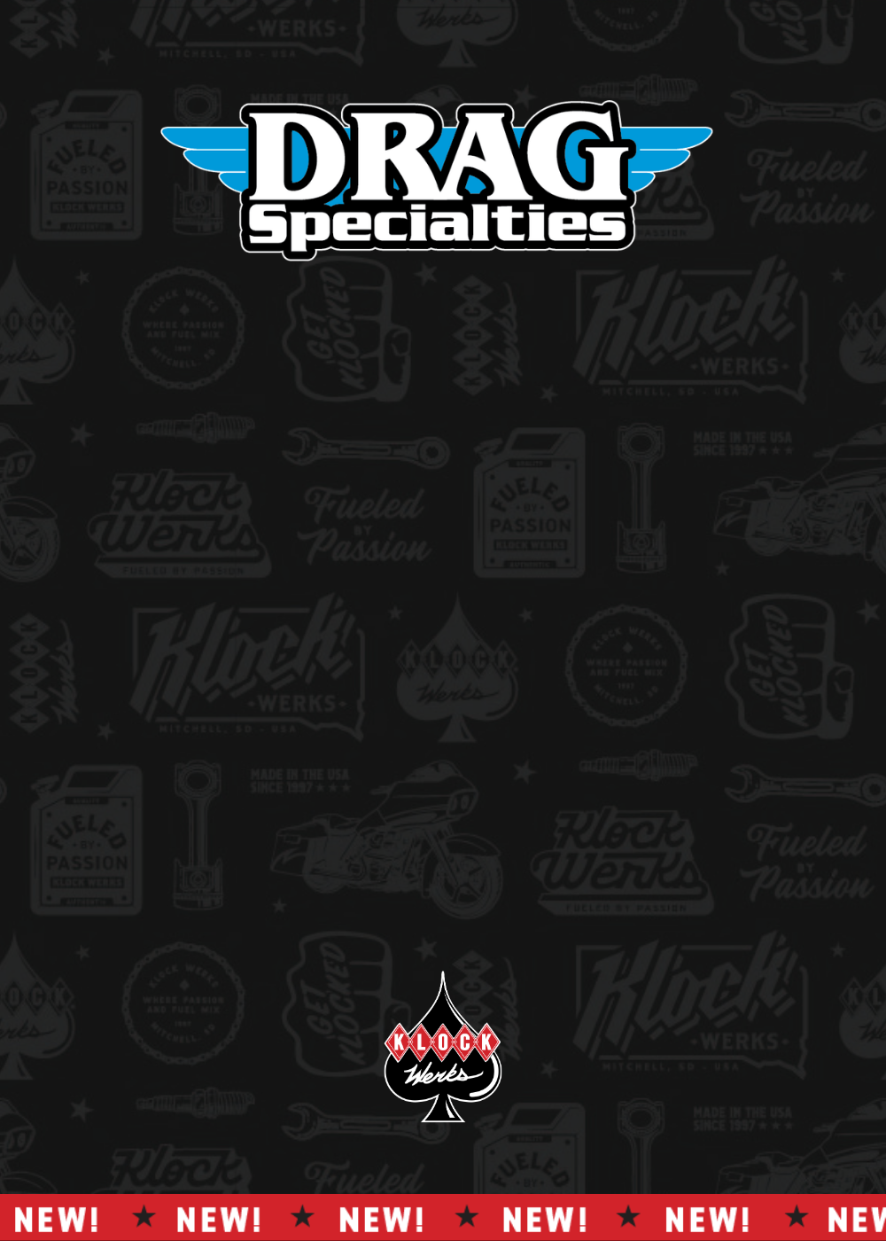 A black square graphic with the DRAG Specialties logo centered at the top in white, blue, and black, and a small DRAG emblem near the bottom center. A red strip along the very bottom edge repeats the word DRAG.