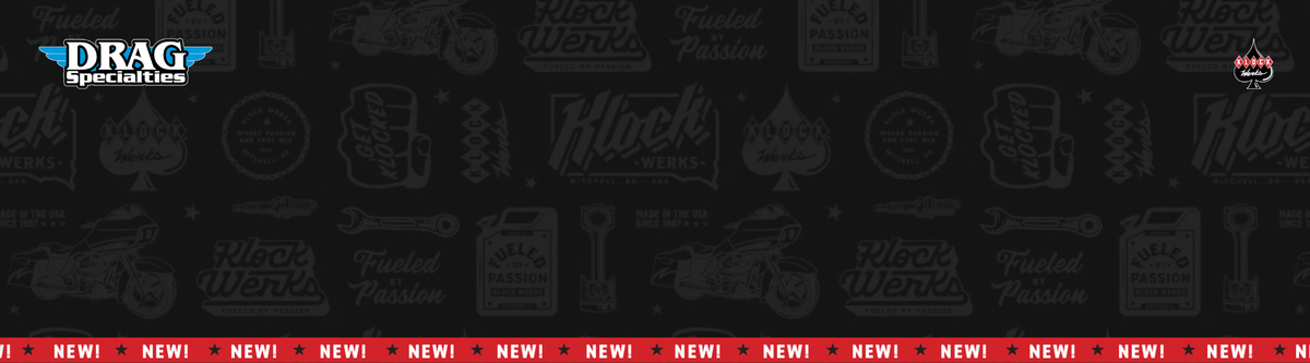 A dark patterned banner or background featuring repeated faded black-and-white logos and icons, with a red strip along the bottom containing the word 'NEW!' repeated in white. The top-left corner shows a blue and white 'DRAG' logo, and a small 'HONDA' logo appears in the top-right.