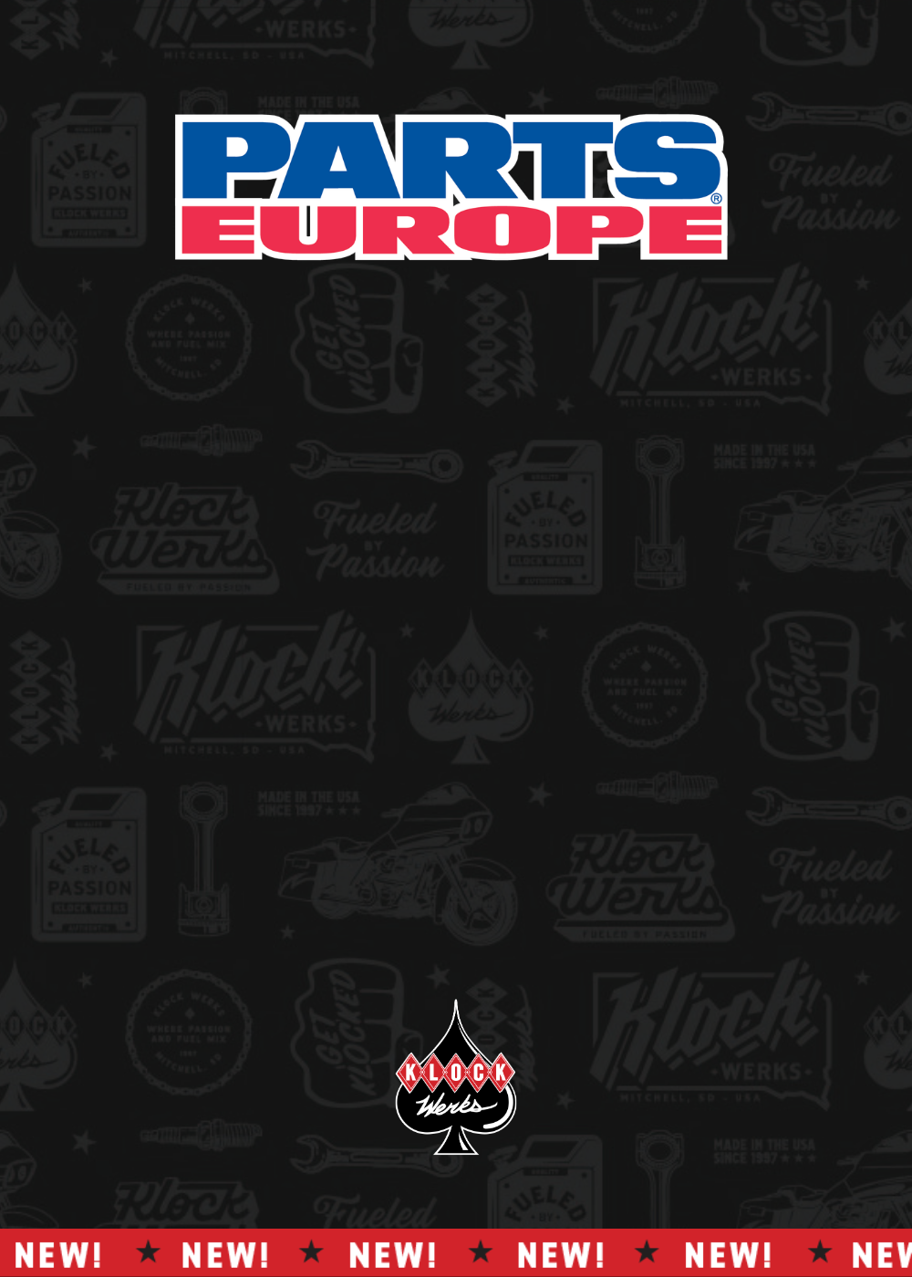 A branded graphic with the large text 'PARTS EUROPE' at the top, a repeating dark gray pattern of automotive parts and logos across the background, a small 'Kleki Werks' logo near the bottom center, and a red strip at the bottom reading 'NEW! NEW! NEW! NEW! NEW!'.