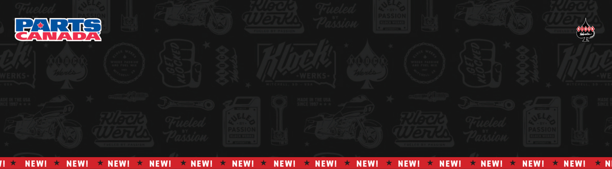 A dark patterned fabric or paper backdrop featuring a repeating black and white 'Block Party' graphic design, with a red bottom border displaying 'NEW!' text repeatedly. The 'PARTS CANADA' logo is visible in the top-left corner.
