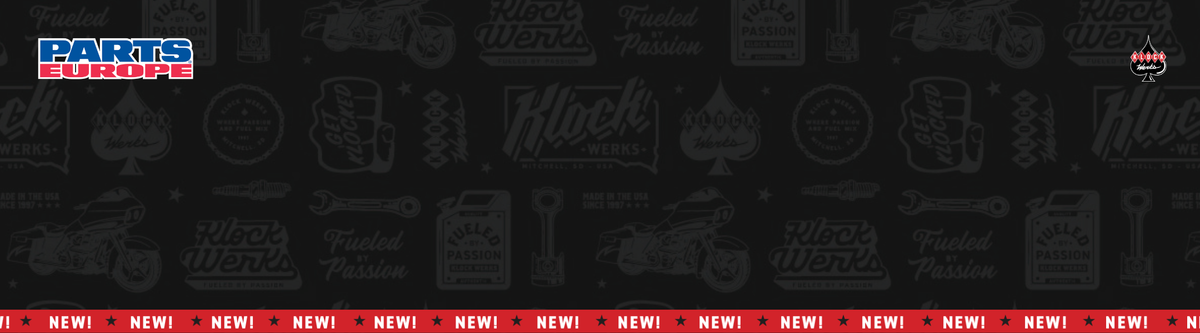 A dark patterned graphic featuring repeated faded black and gray automotive-style logos and text, with a red horizontal strip at the bottom containing repeated 'NEW!' text. The top-left corner shows a blue and red 'PARTS WIZARD' logo.