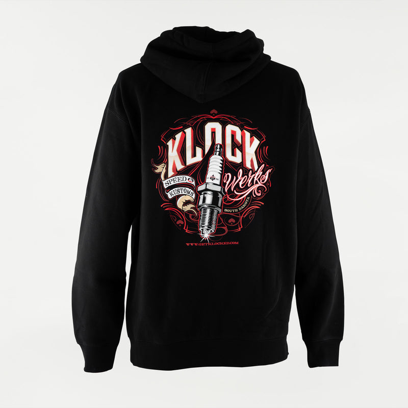 Black Zip-Up Hoodie with Spark Plug Design on Back (Spark Plug Zip-Up)