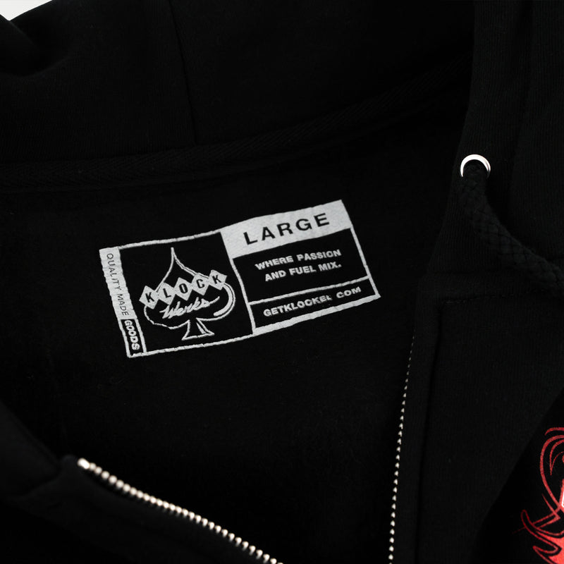 Spark Plug Design on Black Zip-Up Hoodie showing neck tag printed with size (Spark Plug Zip-Up)