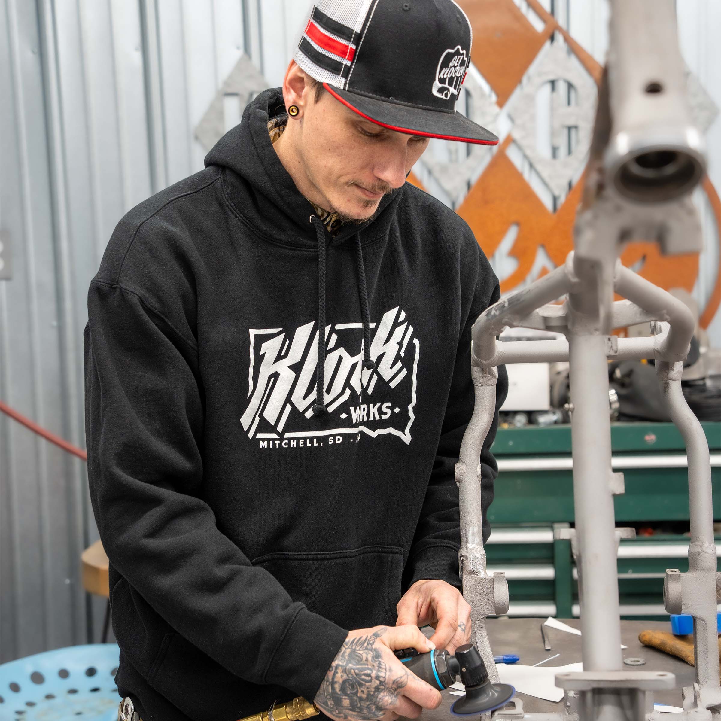 Klock Werks State Hoodie in Black (Model Wearing Size X-Large)