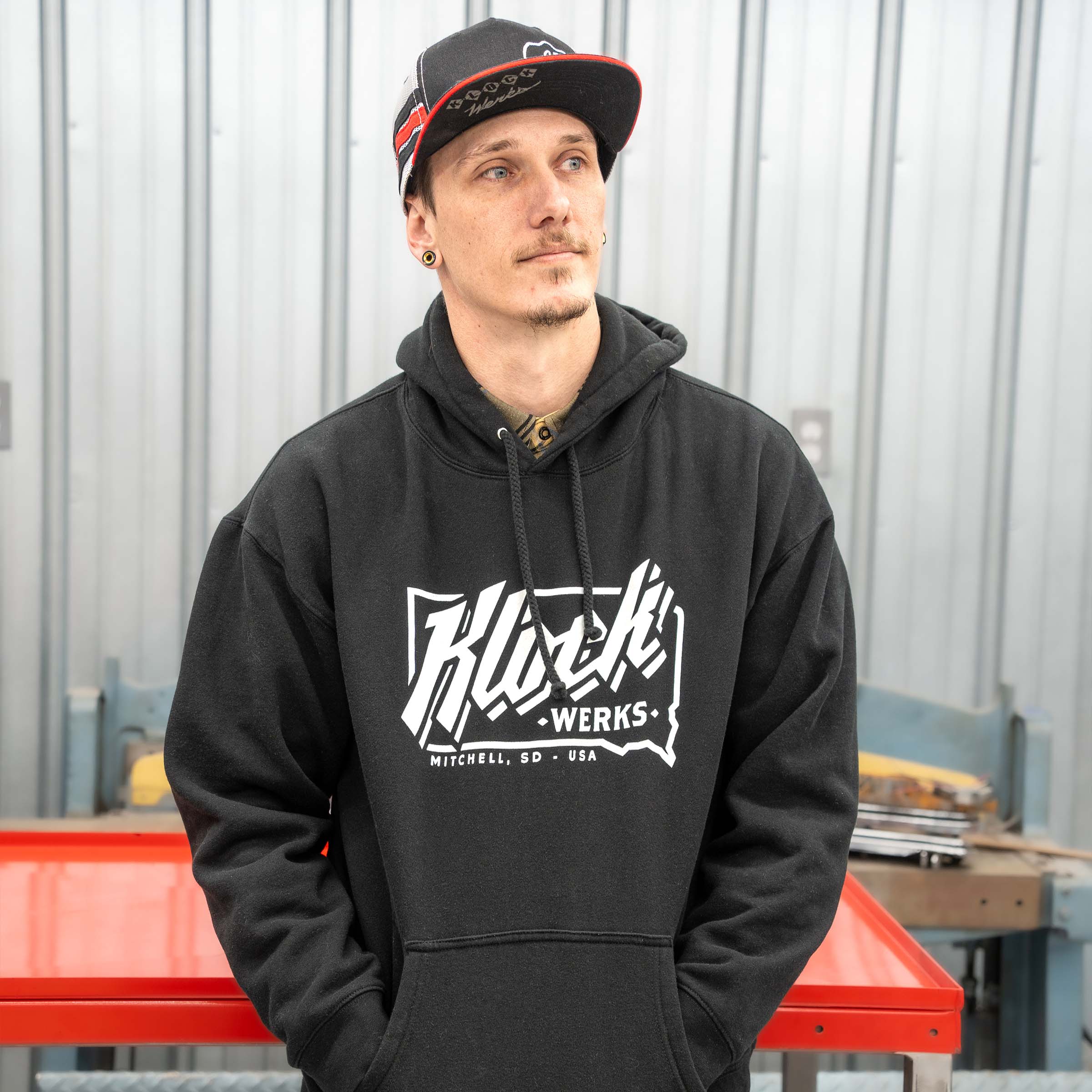 Klock Werks State Hoodie in Black (Model Wearing Size X-Large)