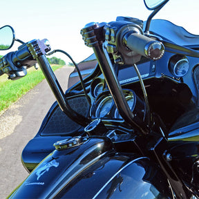 10" Black bar and black knuckles on KlipHanger Bars for Harley-Davidson 2015-2023 Road Glide Motorcycles