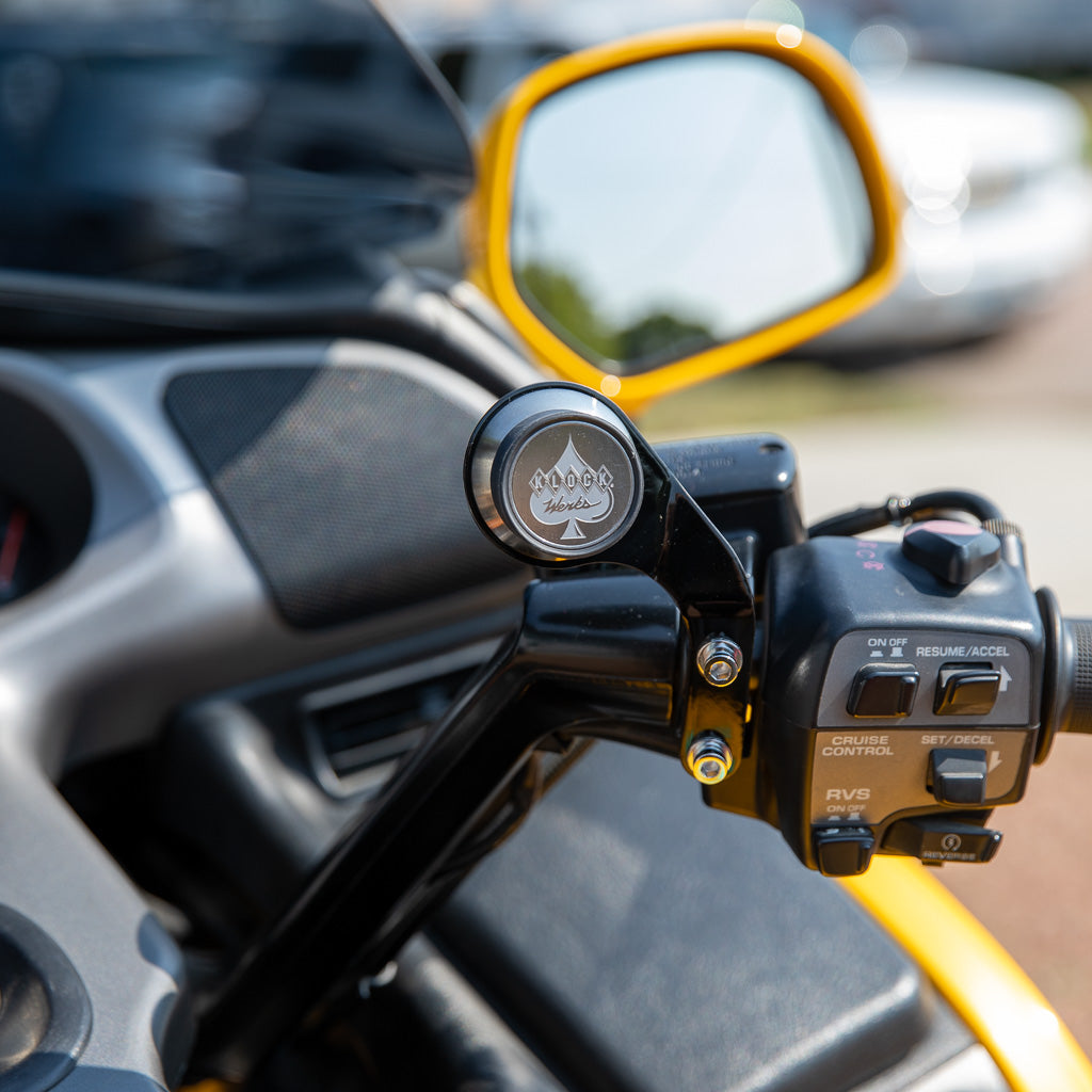 Right Black Perch Handlebar Magnetic Phone Mounts for Honda® Gold Wing and F6B Motorcycles shown on bike (Right Black Perch Mount on bike)