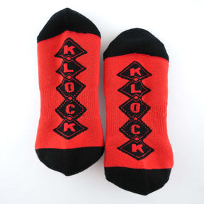 Klock Werks x Fuel Klock Low Profile Socks in Red with Klock on the feet