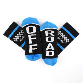 Klock Werks x Fuel Klock Crew Socks in Blue with Off Road on the feet