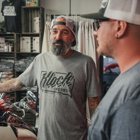 Ian is wearing a large Klock Werks State T-Shirt in Graphite Heather 