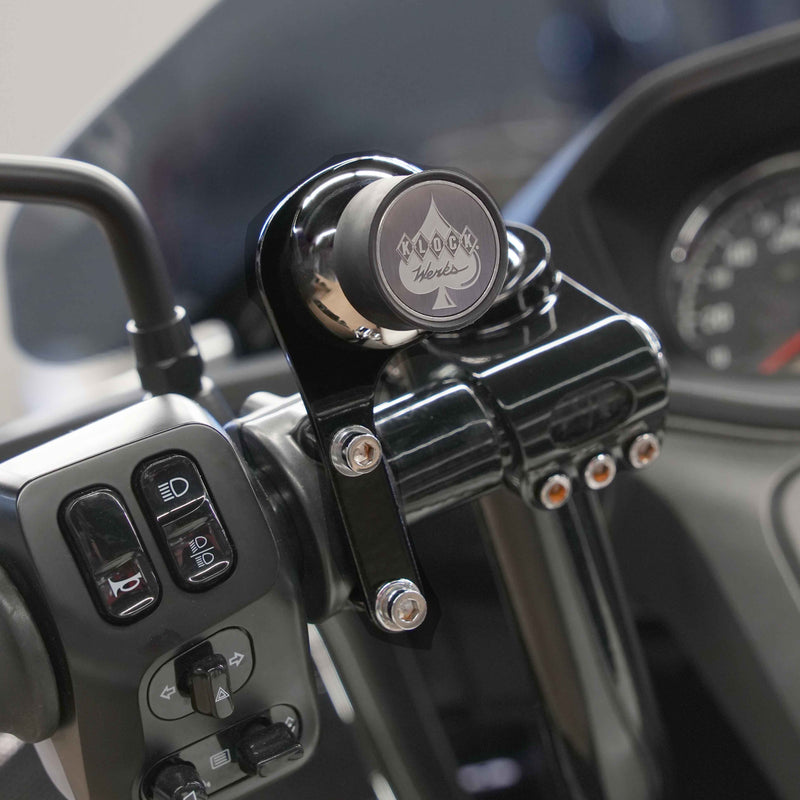 Perch Handlebar Magnetic Phone Mount for Indian® Heavyweight Motorcycles shown in black on bike(Left Black Perch Mount on bike)