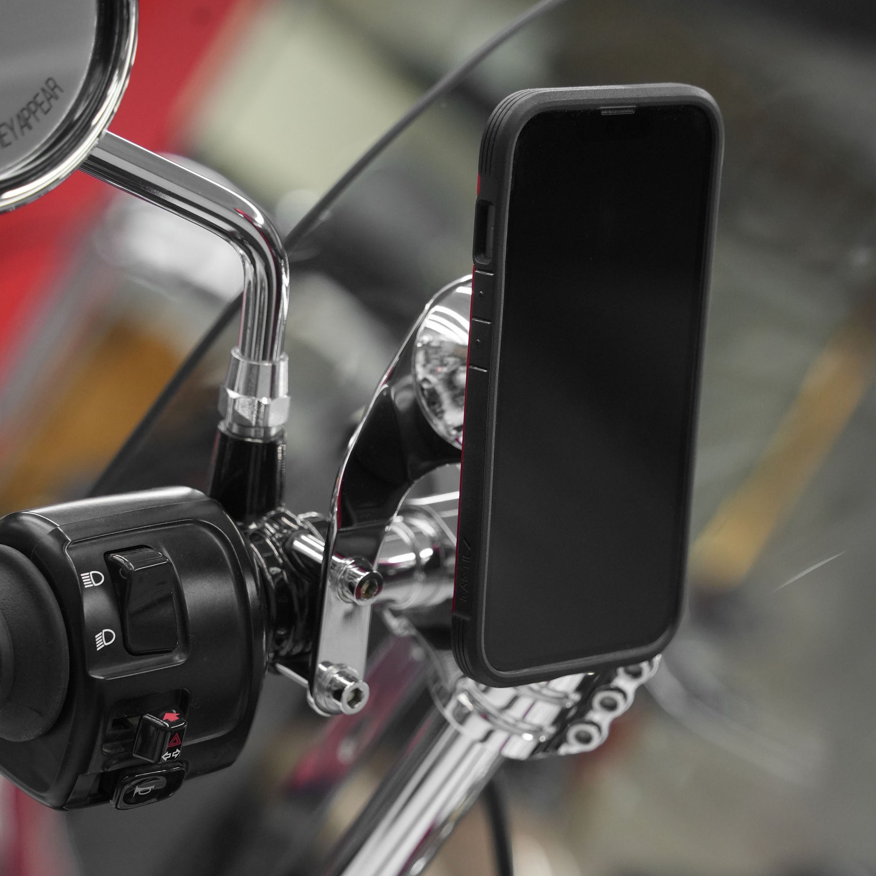 Left Chrome Perch Handlebar Magnetic Phone Mount for Indian® Scout® Motorcycles shown on bike