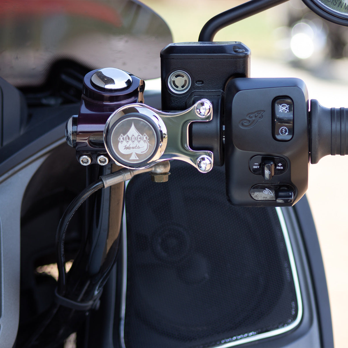 Chrome Ambidextrous Handlebar Magnetic Phone Mount for Indian® Challenger and Pursuit Motorcycles shown on bike(Chrome Ambidextrous Mount on bike)