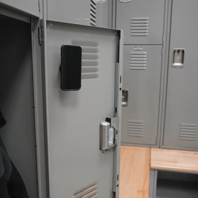 iOkwik Magnetic Universal Phone Mount shown mounted to locker