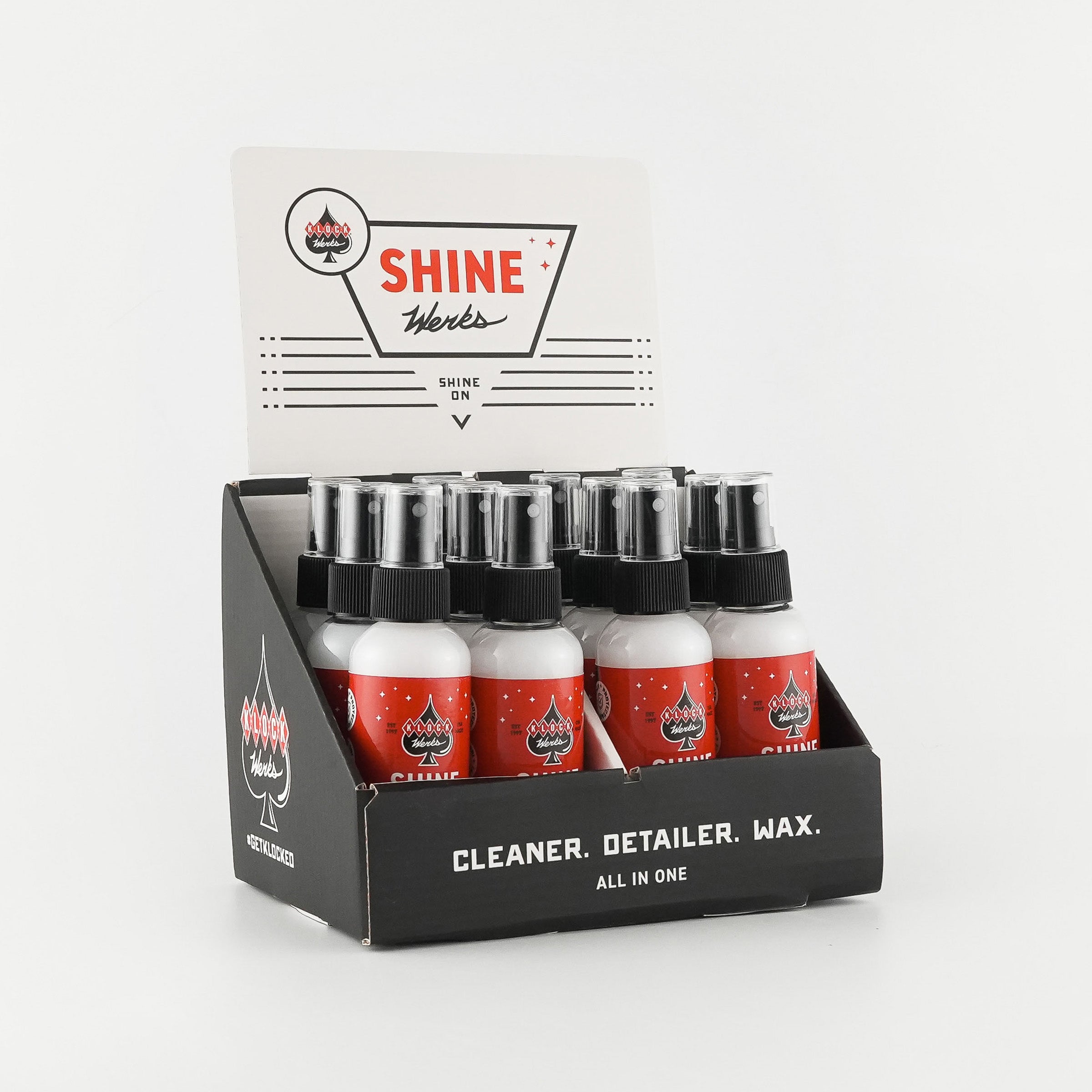 Case of 12 4 ounce Shine Werks cleaning product bottles in POP display(Case of 12 4oz. Shine Werks)