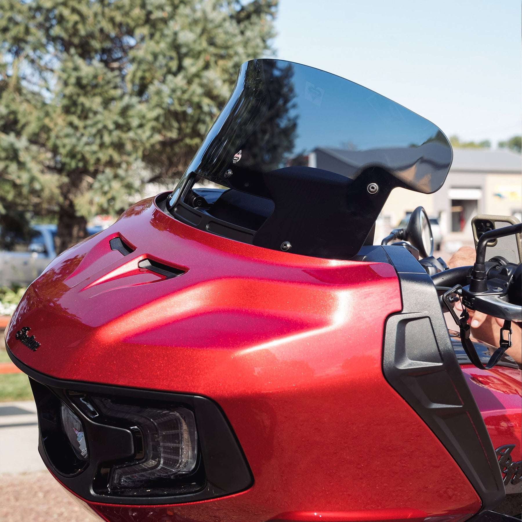 8" Dark Smoke Flare™ Windshield For 2020-2023 Indian® Challenger and Pursuit motorcycle models shown in up position