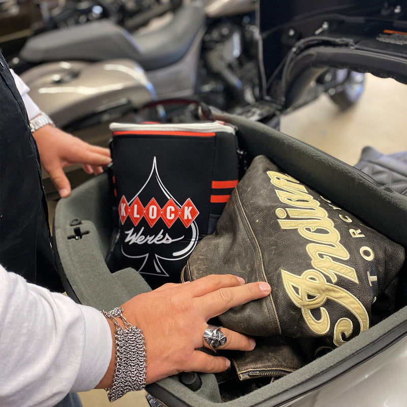 The Klock Werks x Kanga Cooler Pouch fits great in a tour pak (fits great in your tour pak)