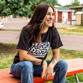 FBP Retro Funk T-Shirt Karlee is wearing a Small