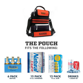 The Klock Werks x Kanga Cooler Pouch fits 6 pack bottles, 12 pack standard, 12 pack slim and loose drinks