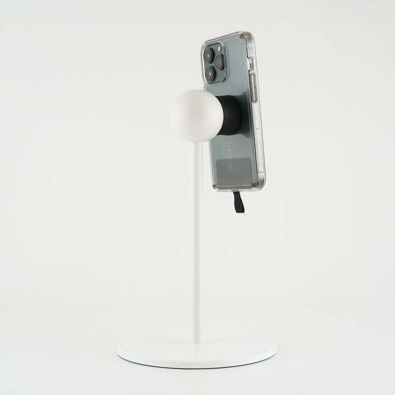 White Satin iOstand® Magnetic Phone Mount with Phone (iOstand - White Satin with Phone)